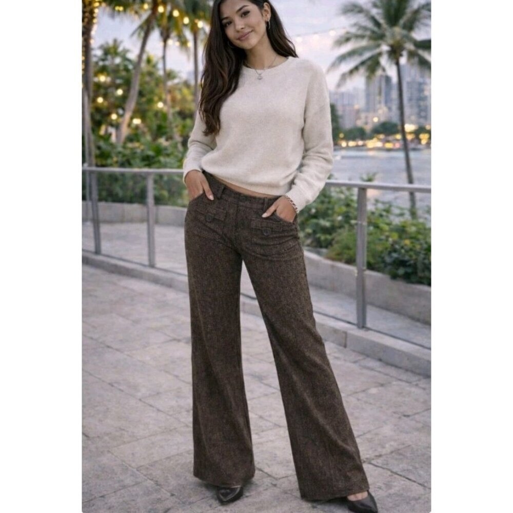Vtg Y2K Charlotte Russe Womens Tweed Pants Low Rise Flare Size 3 Pockets Brown